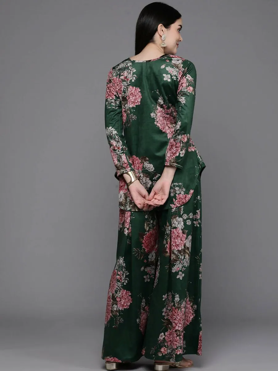 Ahalyaa Women Floral Printed Velvet Tunic with Palazzos - Green Color