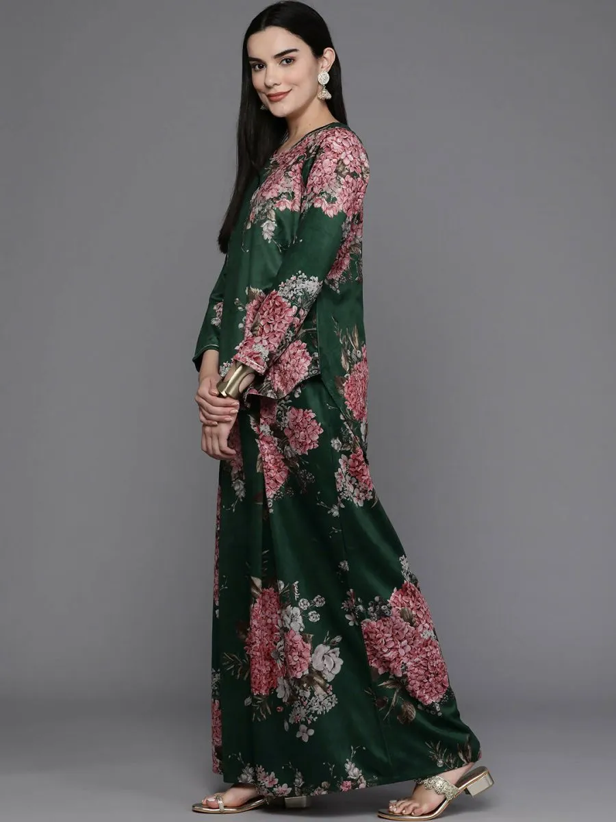 Ahalyaa Women Floral Printed Velvet Tunic with Palazzos - Green Color