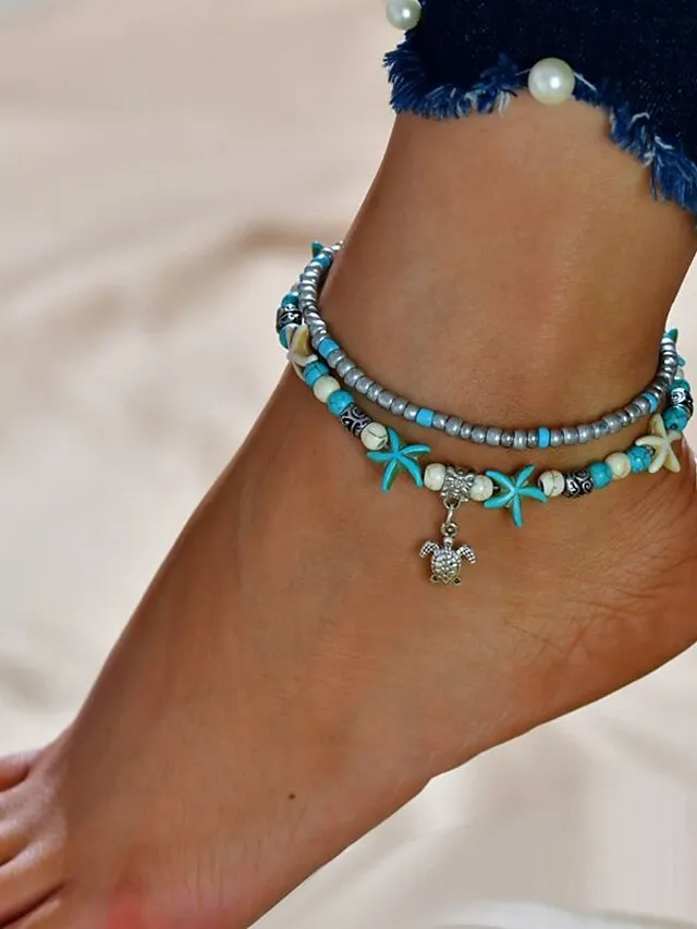 Ankle Bracelet Stylish Simple Women's Body Jewelry For Holiday Beach Classic Turquoise Alloy Turtle Blue 1pcs