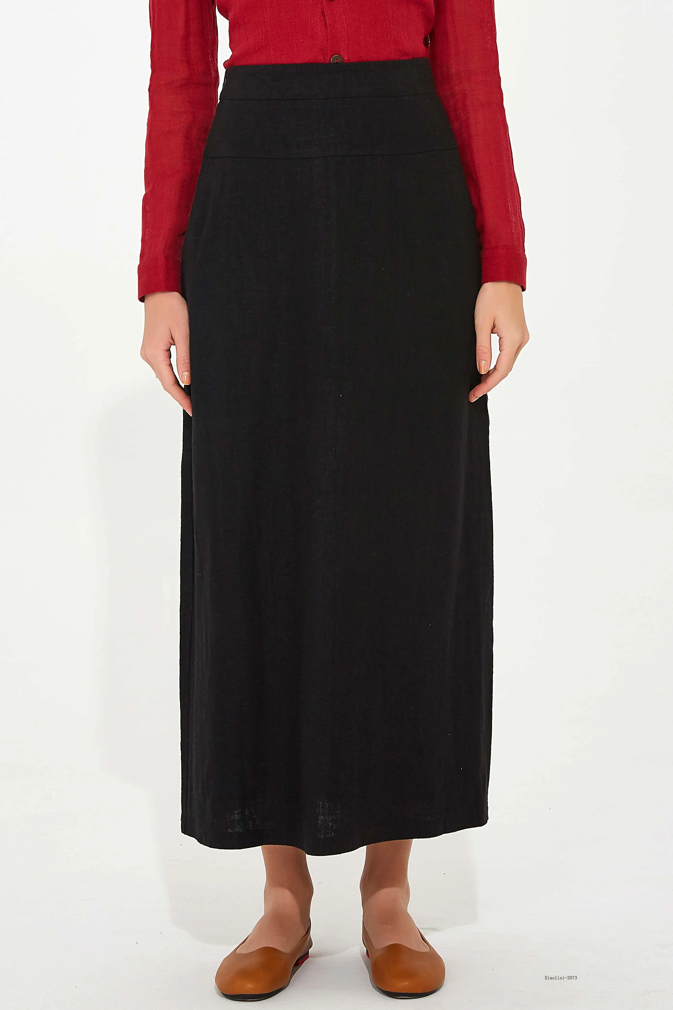 black long straight skirt, high waisted linen skirt 2073#