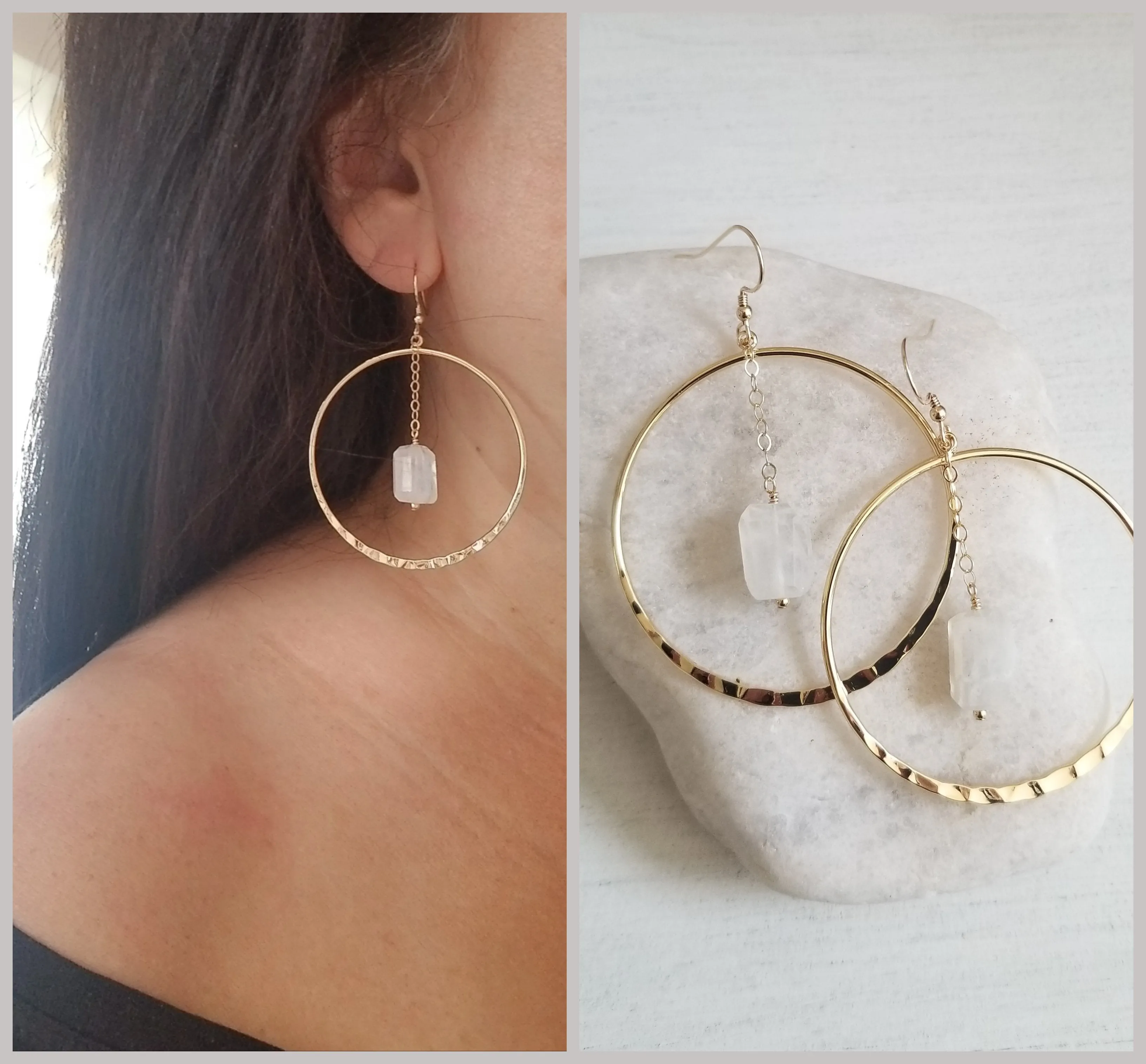 Bohemian Bride Earrings, Moonstone Crystal Gold Hoop Earrings