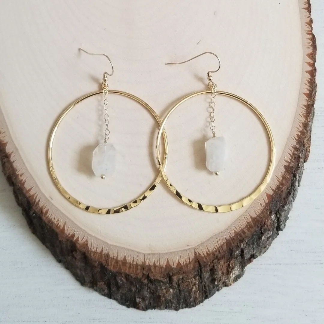 Bohemian Bride Earrings, Moonstone Crystal Gold Hoop Earrings