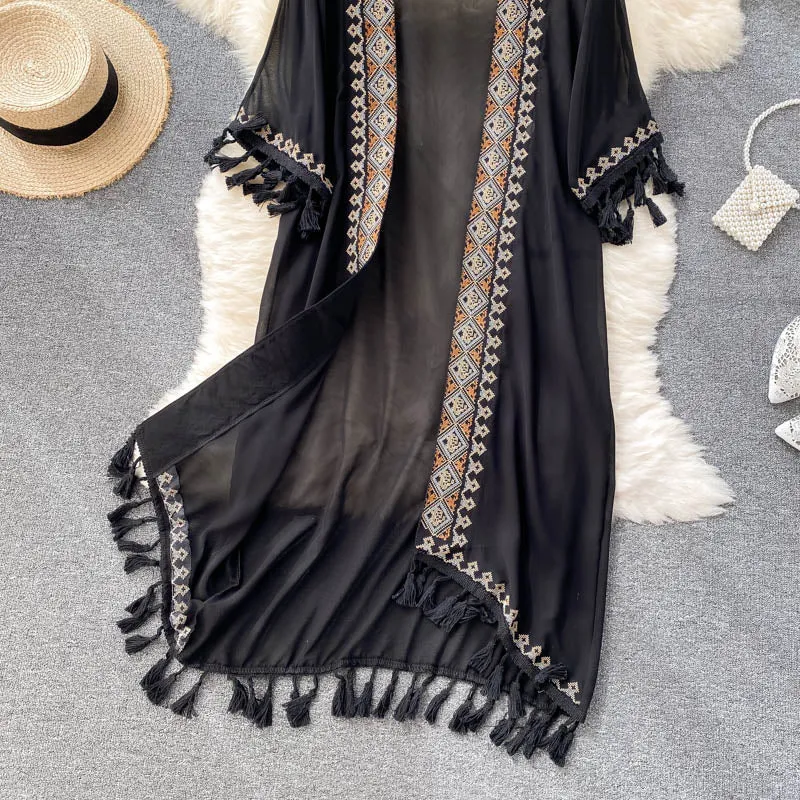 Bohemian Retro Ethnic Tassel Mid-length Cardigan