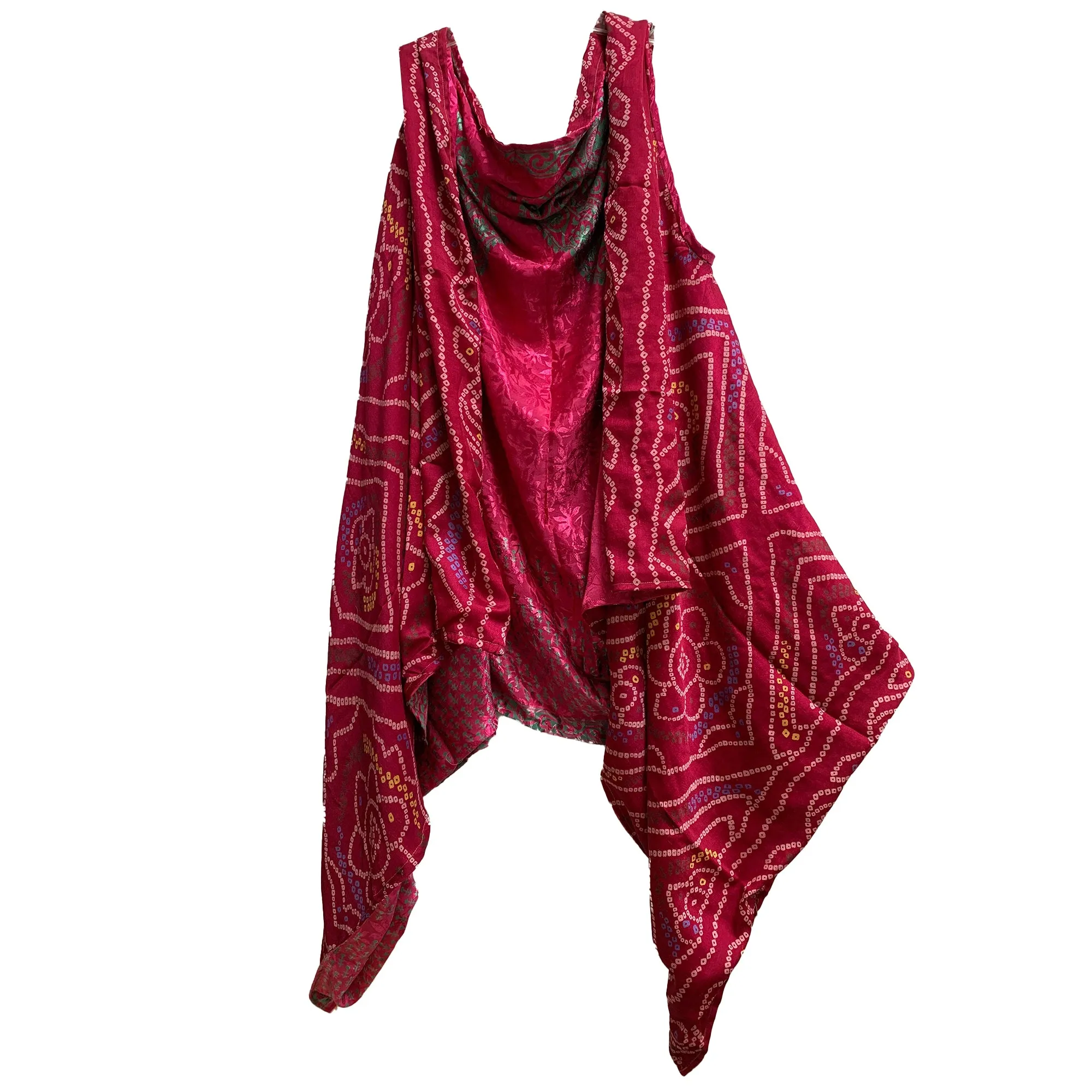 Boho Fashion Silk Saree Patchwork Open Front Reversible Printed Vest Cardigan Duster Jacket