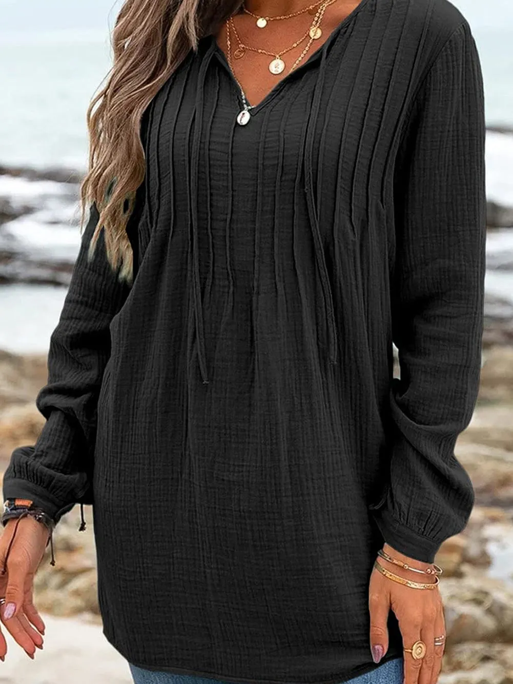 Casual Loose Fit V Neck Pleated Long Sleeve T-Shirt