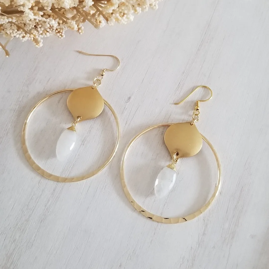 Gold Labradorite Hoop Earrings, Bohemian Gemstone Hoops