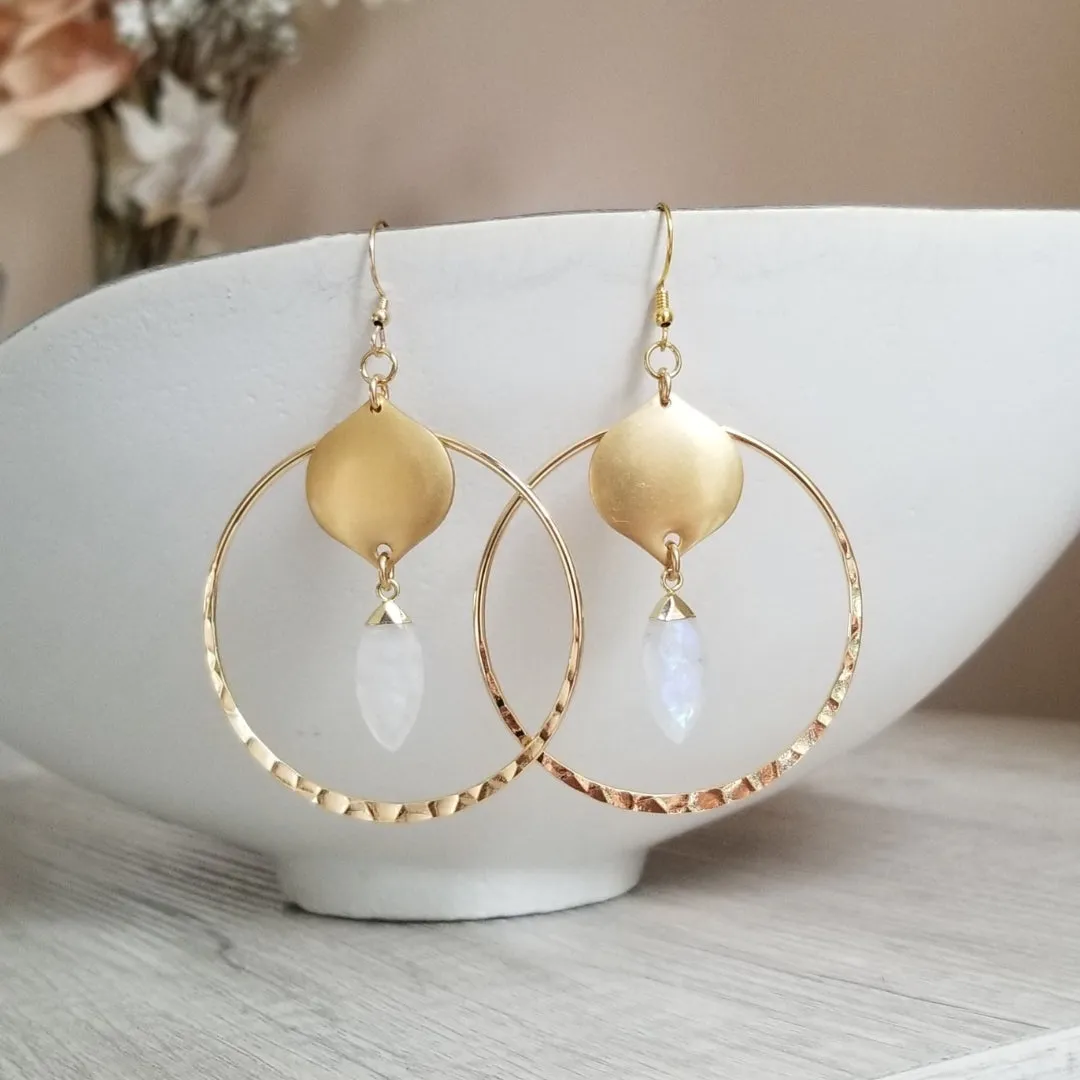 Gold Labradorite Hoop Earrings, Bohemian Gemstone Hoops