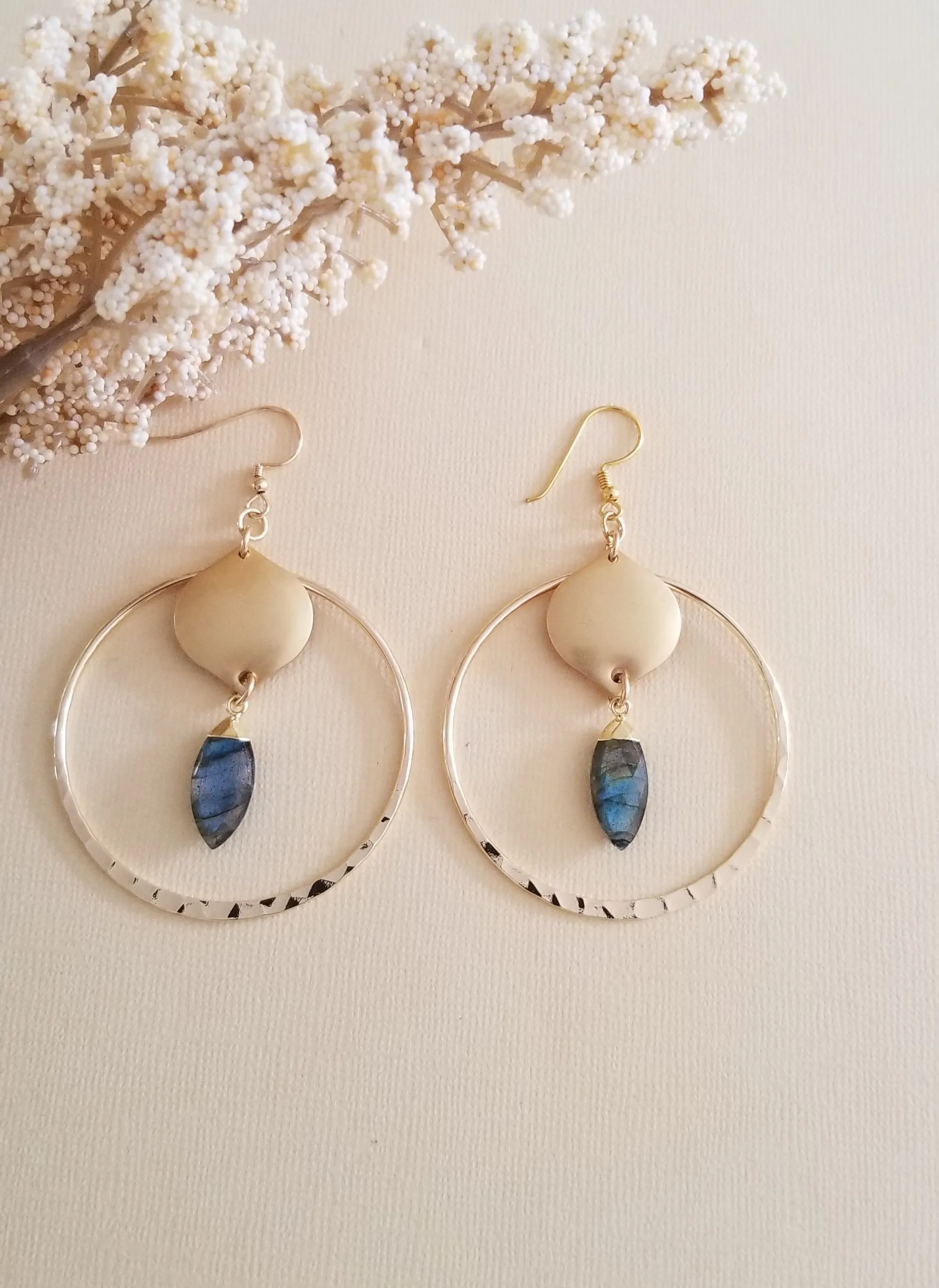 Gold Labradorite Hoop Earrings, Bohemian Gemstone Hoops