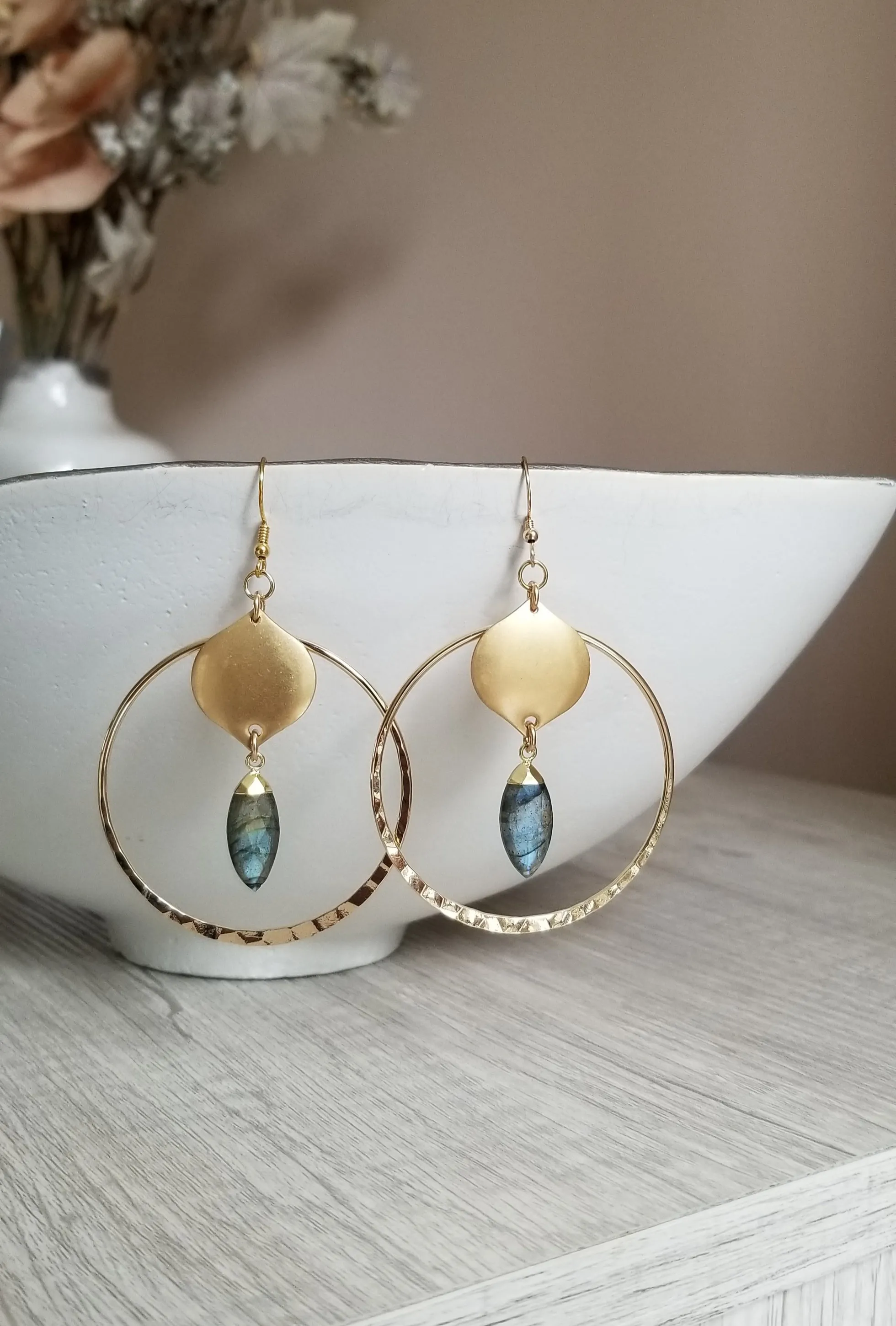 Gold Labradorite Hoop Earrings, Bohemian Gemstone Hoops