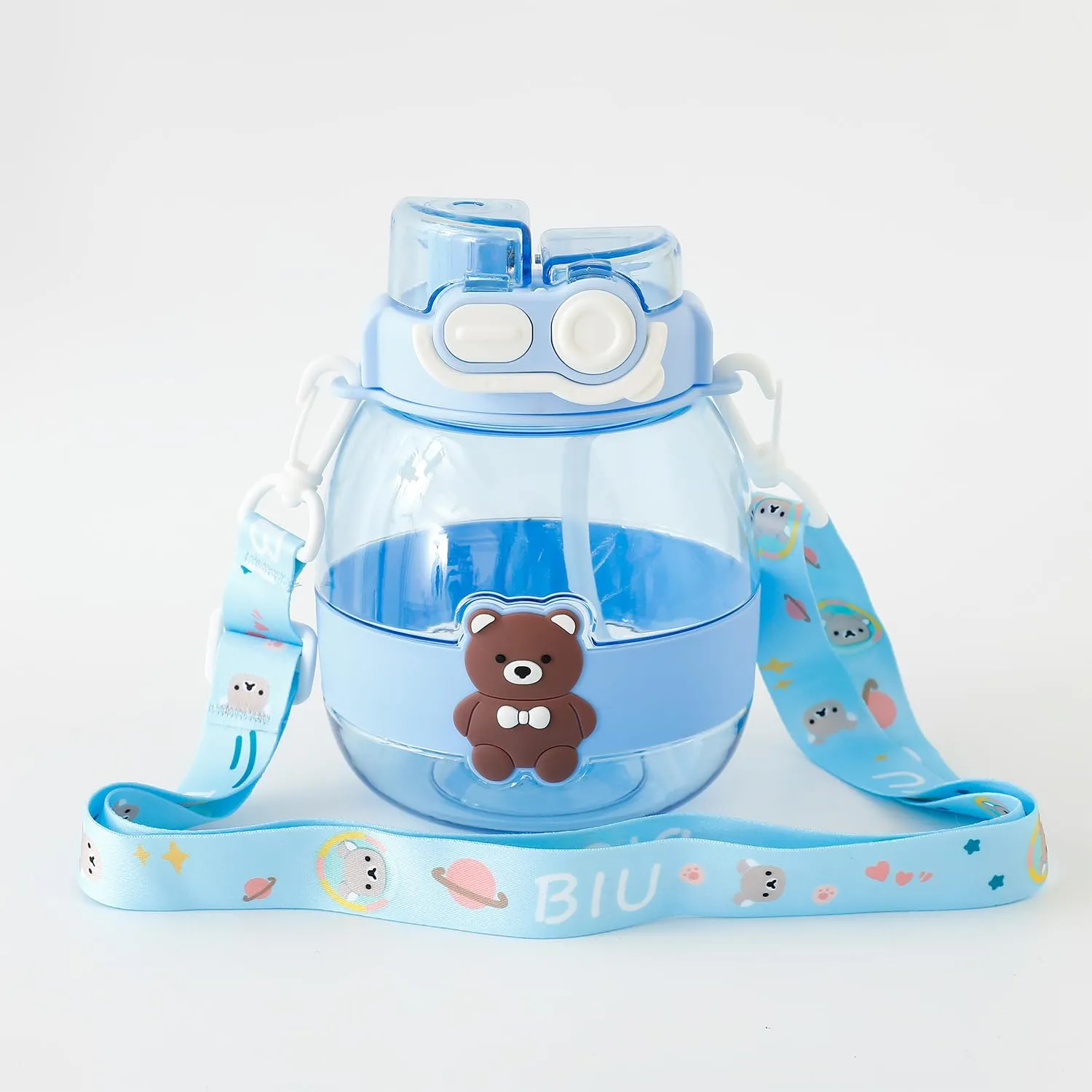 Kuber Industries Kids Pack of 4 Water Bottle With Straw |Cute Teddy Bear Sipper Water Bottle For Kids Boys Girls| Water Bottle with Locking Flip Lid | 1000 ML | Blue | SYZ-7730C