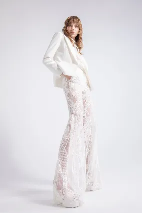 Lace Blouse and Flared Pants with Crepe Blazer