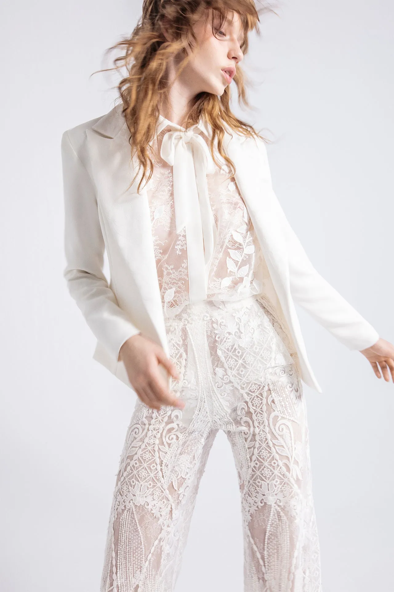 Lace Blouse and Flared Pants with Crepe Blazer