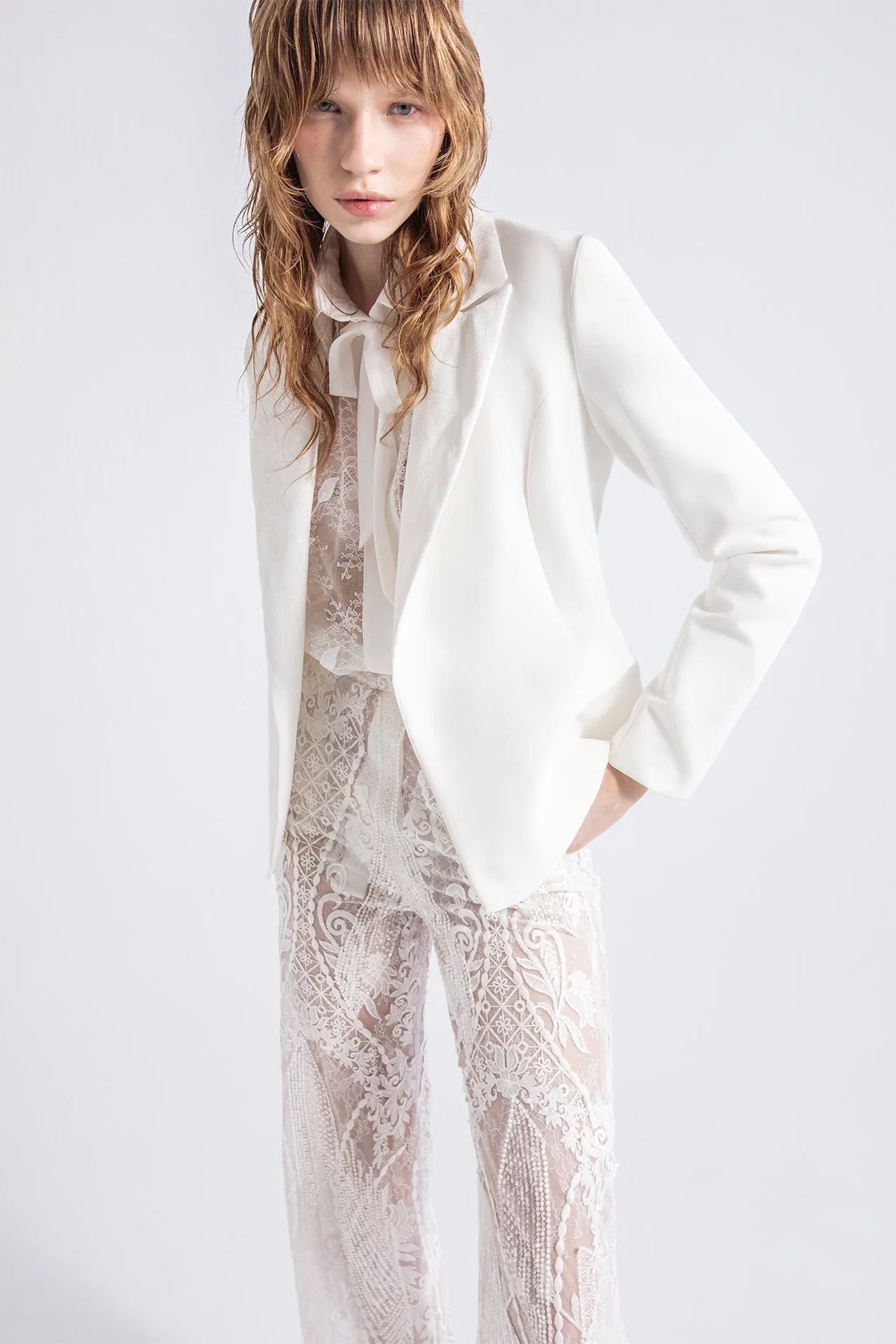 Lace Blouse and Flared Pants with Crepe Blazer