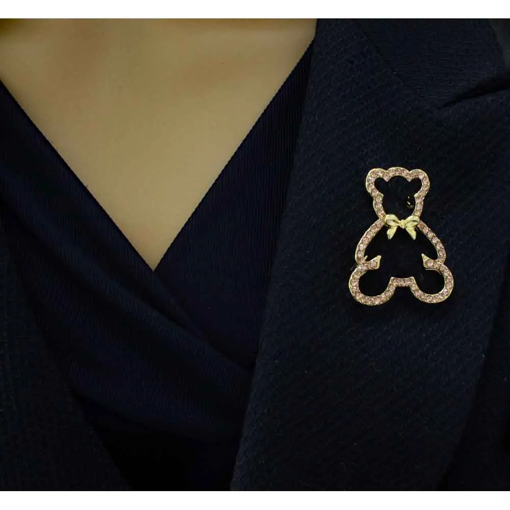 Light Brown Crystal Teddy Bear Brooch Pin - PRF413