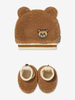 Moschino Baby Teddy Bear Hat And Booties Set in Brown