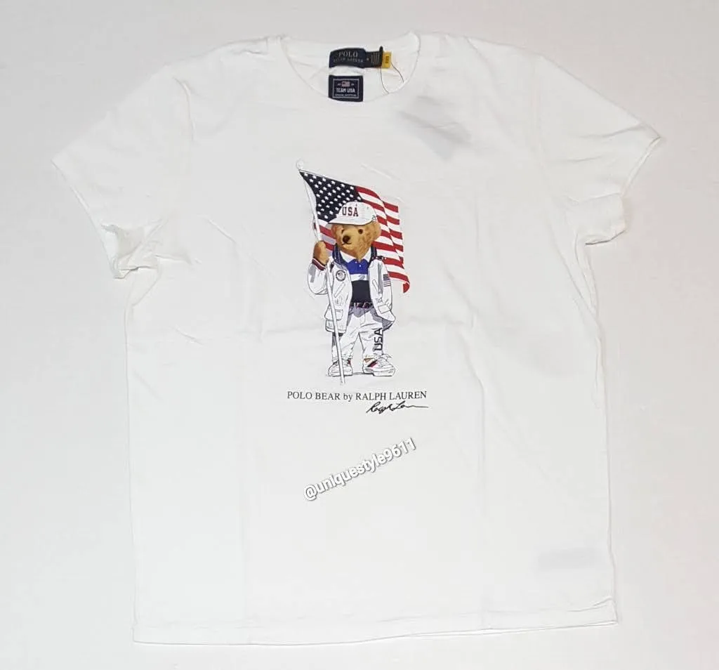 Nwt Polo Ralph Lauren Women's White American Flag Olympic Teddy Bear Tee