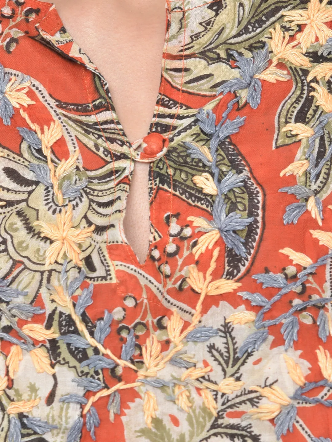 Red hand embroidered cotton tunic