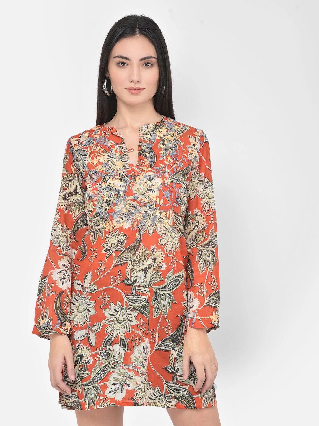 Red hand embroidered cotton tunic