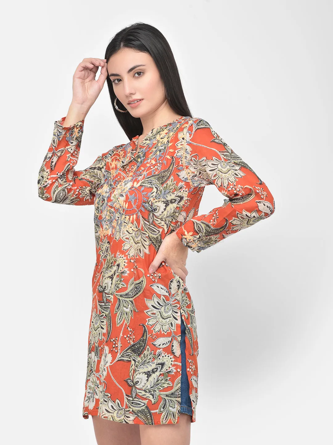Red hand embroidered cotton tunic