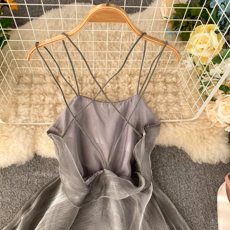 Silver Backless Crossover Halter Dress