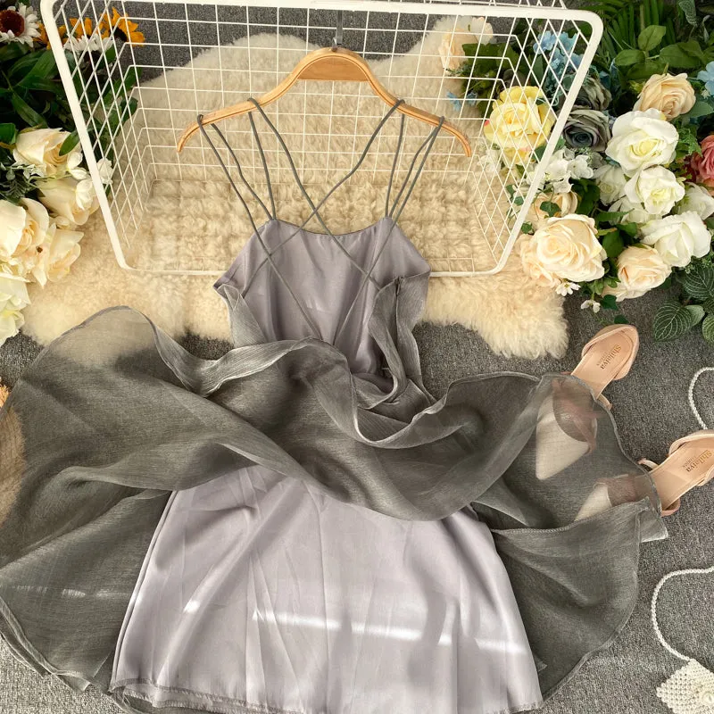 Silver Backless Crossover Halter Dress