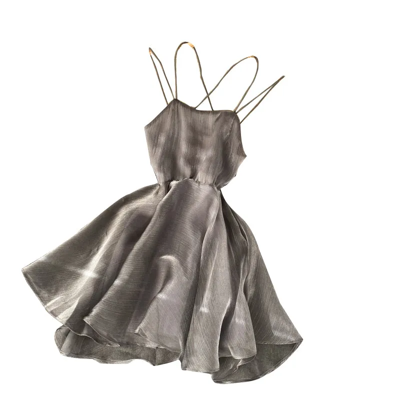 Silver Backless Crossover Halter Dress