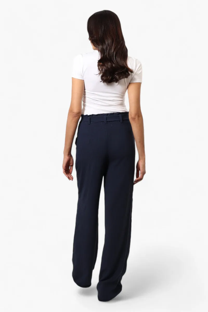 Urbanology Solid Belted Palazzo Pants - Navy