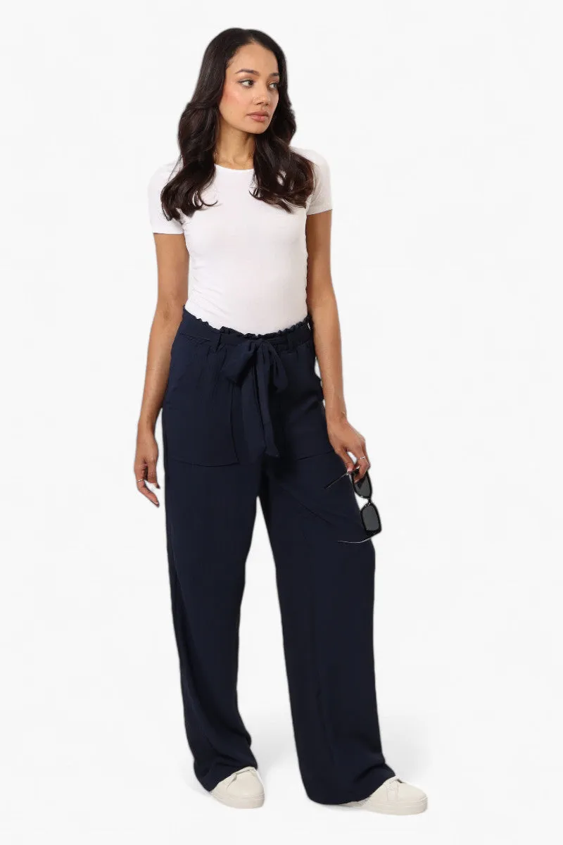 Urbanology Solid Belted Palazzo Pants - Navy