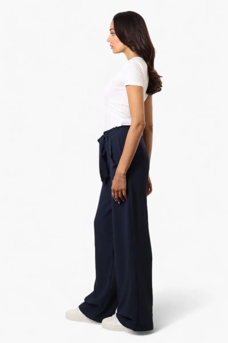 Urbanology Solid Belted Palazzo Pants - Navy