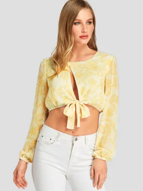 Wholesale Round Neck Floral Print Cut Out Yellow Crop Top