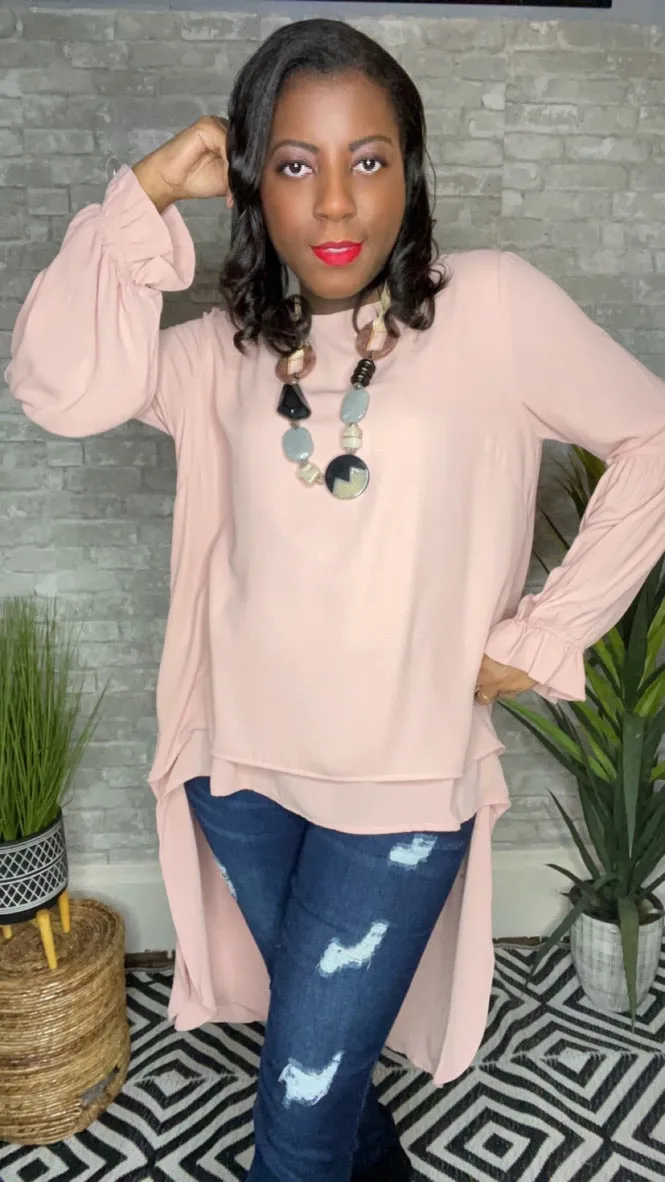 Wilma, Long Sleeve Woven HI Low Tunic Top