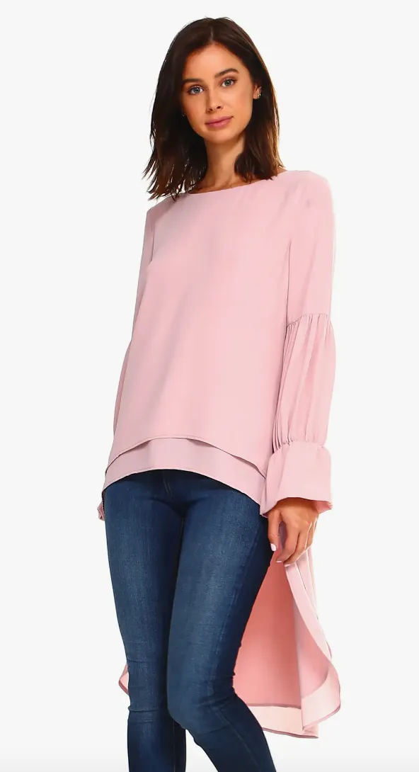 Wilma, Long Sleeve Woven HI Low Tunic Top