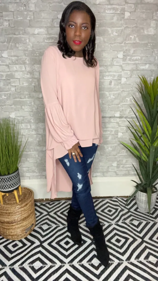 Wilma, Long Sleeve Woven HI Low Tunic Top