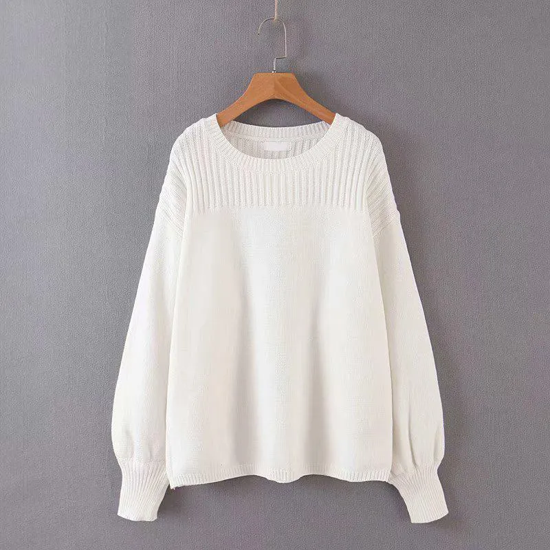 Women Lantern Sleeve White Loose Pullovers Sweaters
