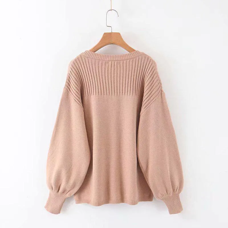 Women Lantern Sleeve White Loose Pullovers Sweaters