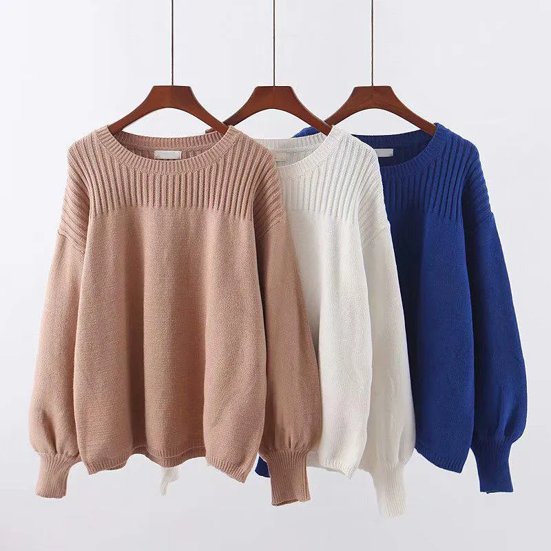 Women Lantern Sleeve White Loose Pullovers Sweaters