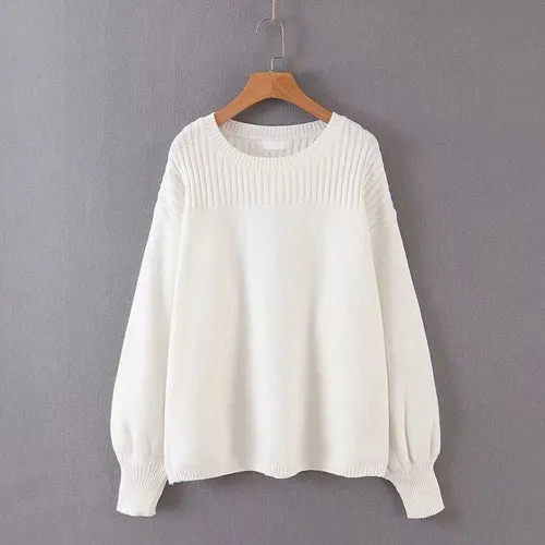 Women Lantern Sleeve White Loose Pullovers Sweaters